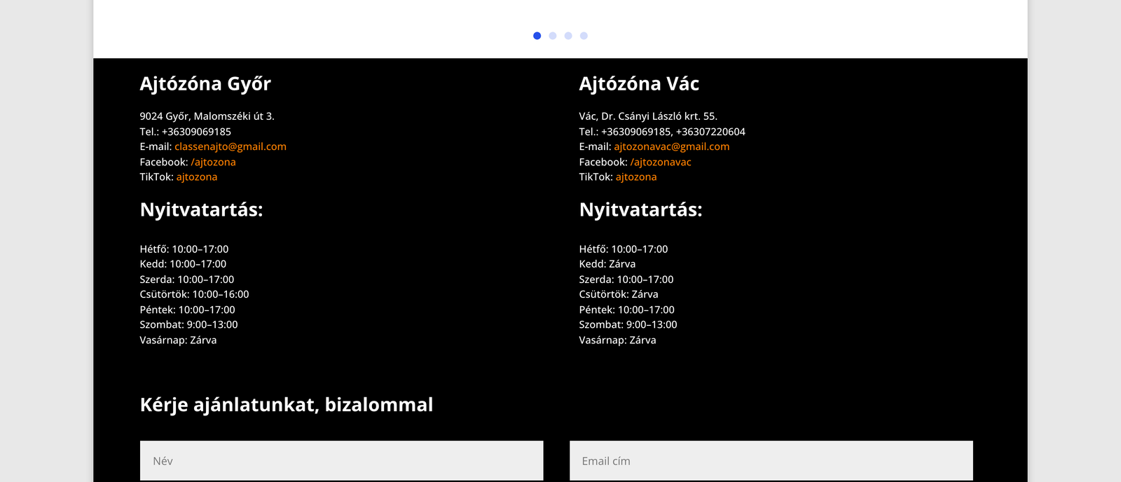 Lábléc gmail címekkel és két bemutatóteremmel